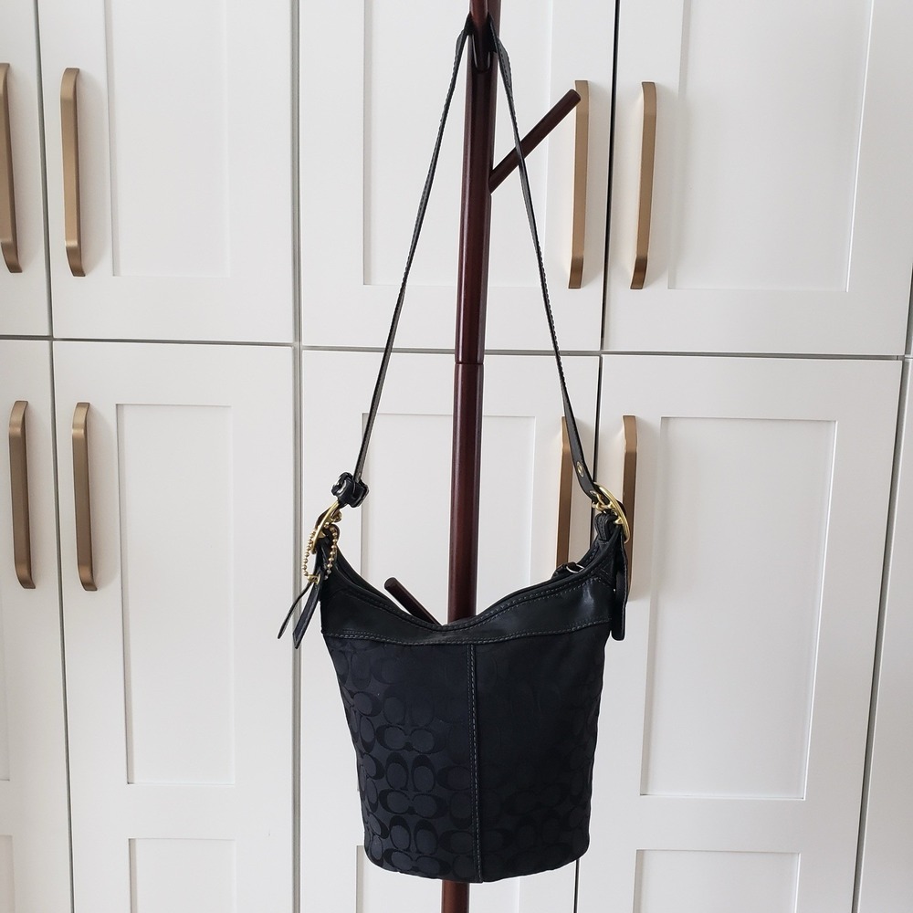 Coach Crossbody Bag Bleeker Black Signature Canvas Leather Trim Bucket Purse - Picture 2 of 14